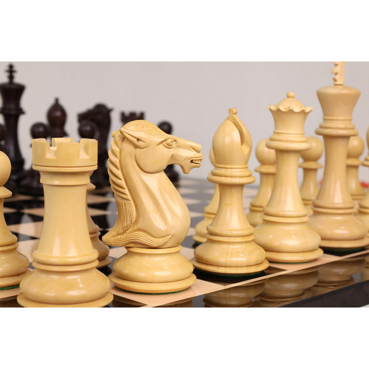 Close-up of a hand-carved rosewood knight piece from the mammoth luxury chess set.