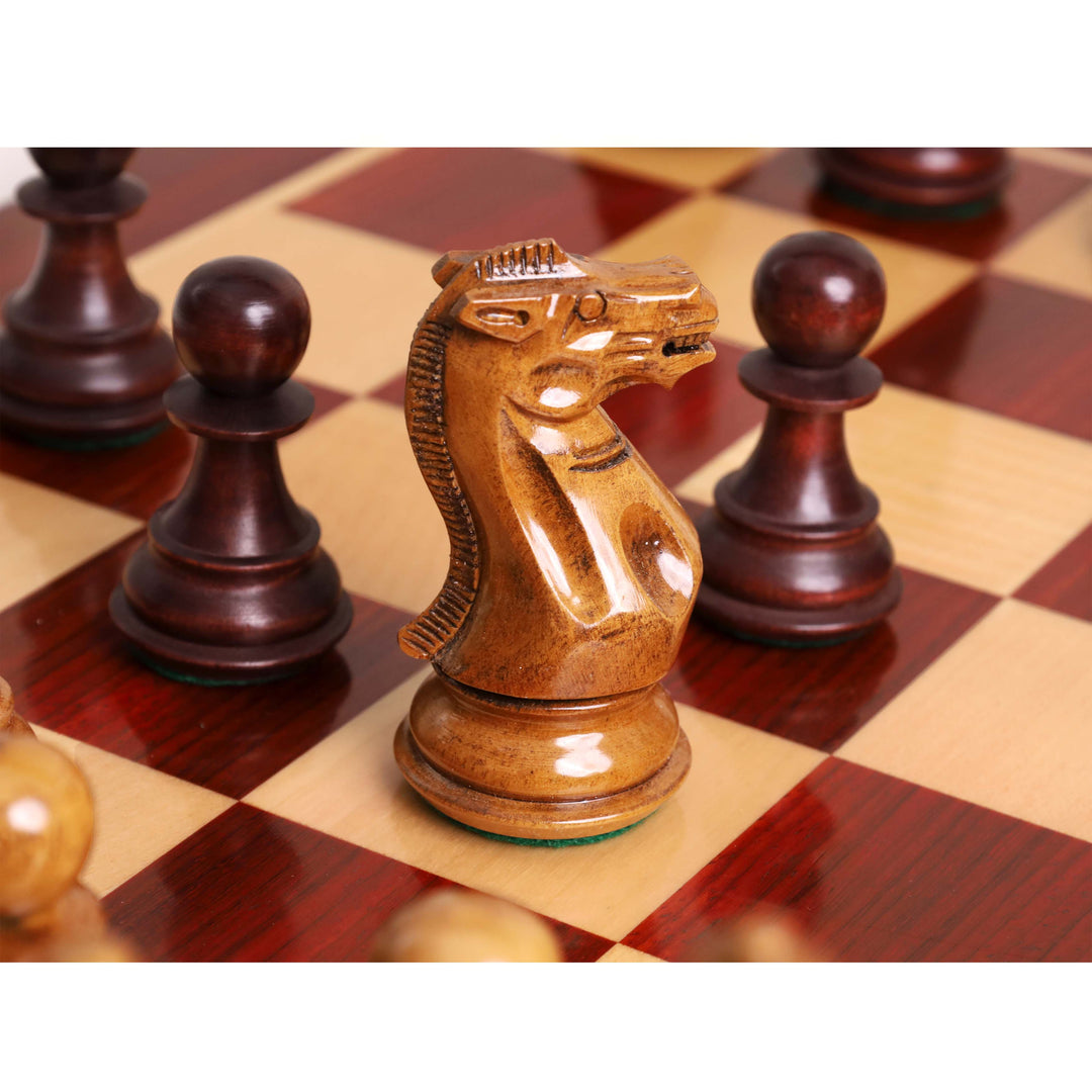 4.1" Pro Staunton Weighted Wooden Chess Set- Chess Pieces Only - Lacquered Distress Antiqued Boxwood & Mahogany Stained Boxwood