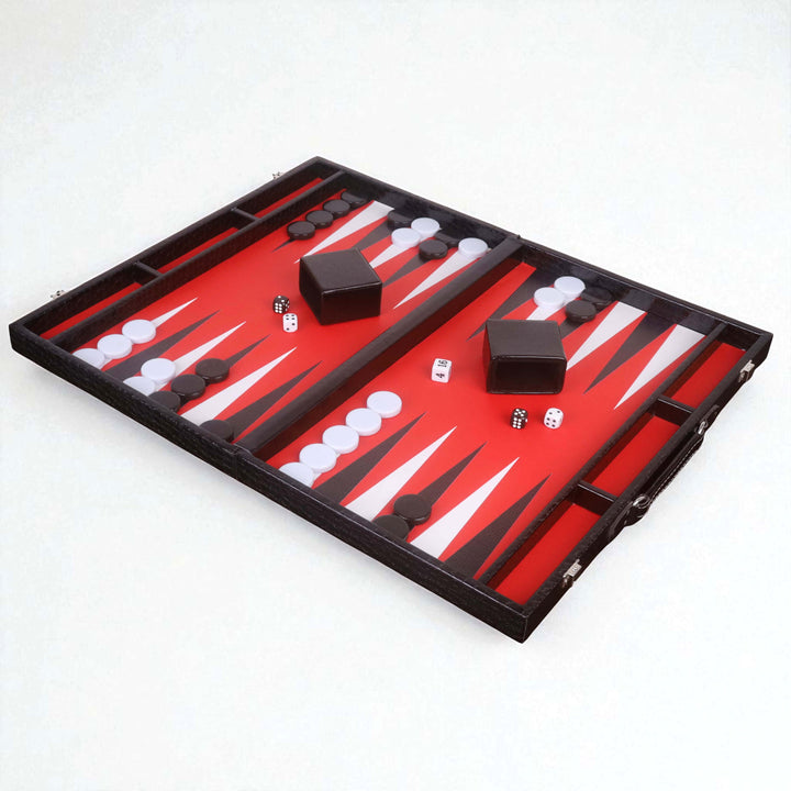Juego de backgammon de cuero sintético negro de 18 pulgadas: juego de mesa de viaje tipo maletín con superficie de juego roja y blanca.