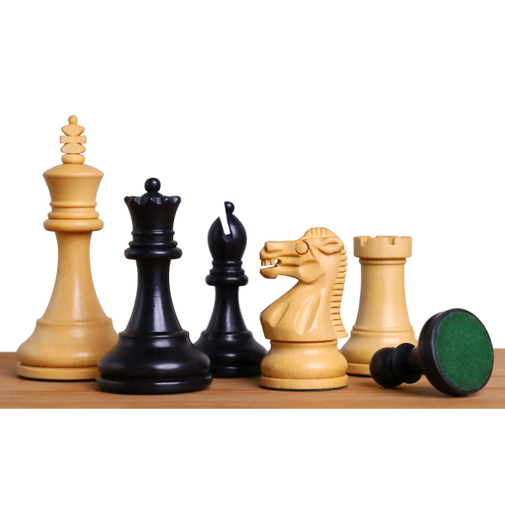 Ebonised boxwood and boxwood Staunton chess pieces lineup showcasing king, queen, and knight details.