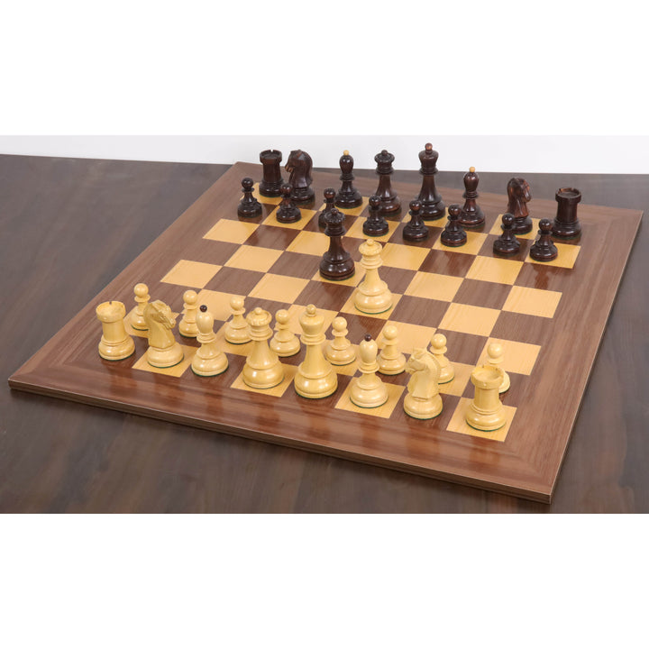 Fischer Dubrovnik chess set pieces arranged and ready to play on a wooden board.