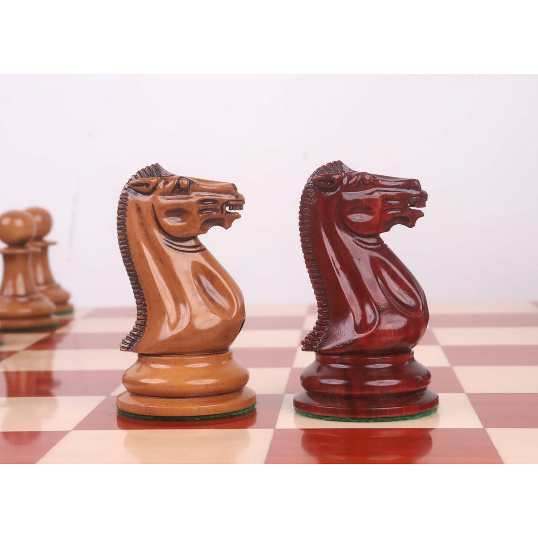 Combo of 1849 Original Staunton Chess Set- Lacquered Distress Antiqued Boxwood & Bud Rosewood - 4.5" King With Board and Box