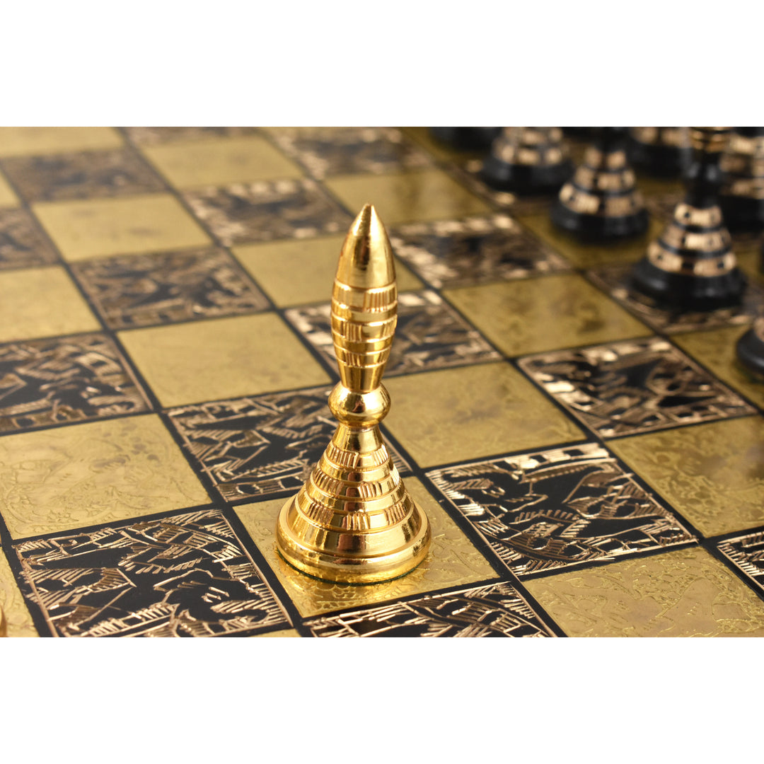 Slightly Imperfect Solid Brass Metal Tribal Artwork Luxury Chess Pieces & Board Set - Black & Gold - 12" - Warehouse Clearance - USA Shipping Only