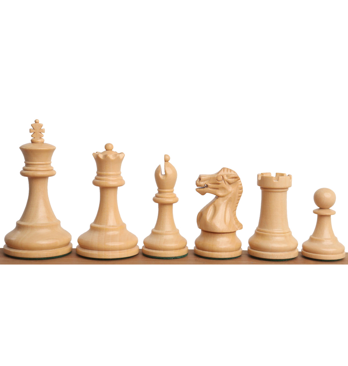 Row of six boxwood Staunton pieces showcasing the 2.4 inch height and detailed carving.