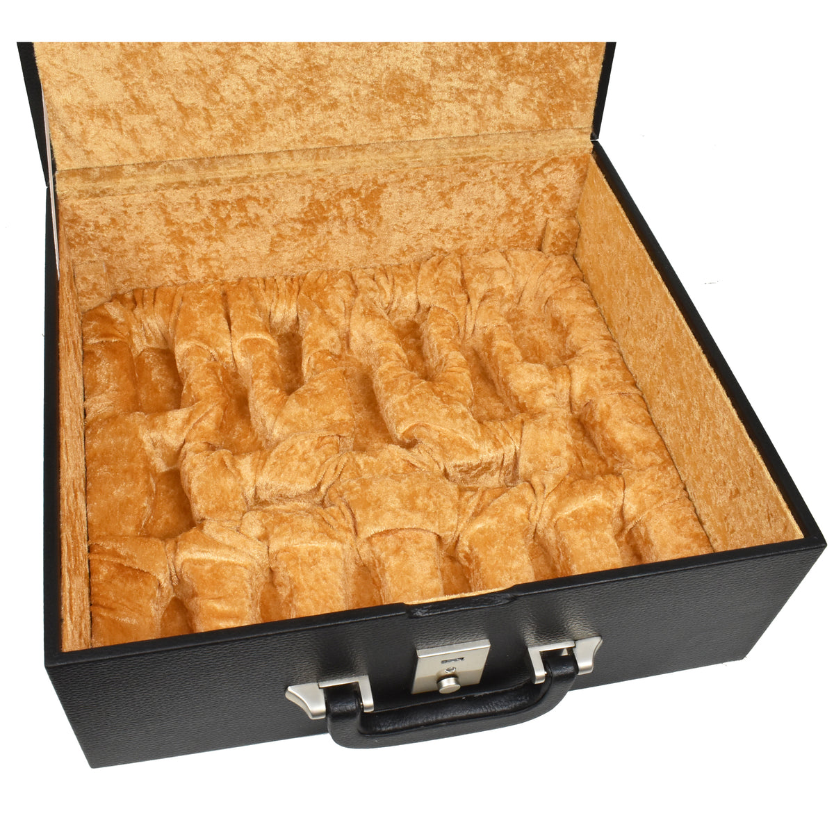 Form-fitting individual storage compartments inside a luxury velvet-lined chess box.