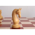 Detailed three-quarter view of the carved boxwood knight piece from the Bath luxury Staunton chess set.