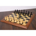 Weighted boxwood Reykjavik series Staunton chess pieces arranged on a wooden chessboard during a game.