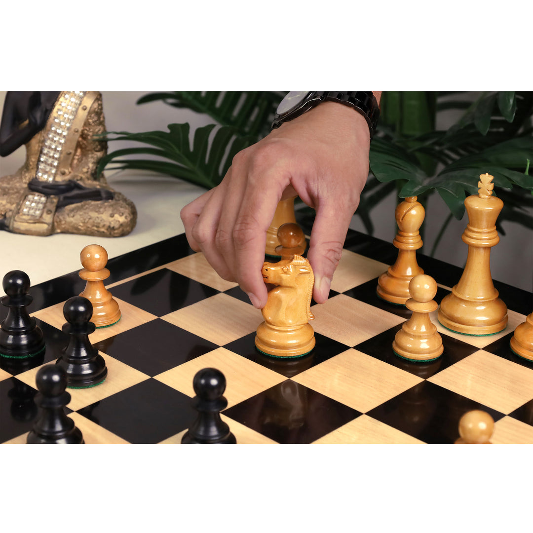 Combo of 1972 Championship Fischer Spassky Chess Set - Lacquered Distress Antiqued Boxwood & Ebony With Board and Box
