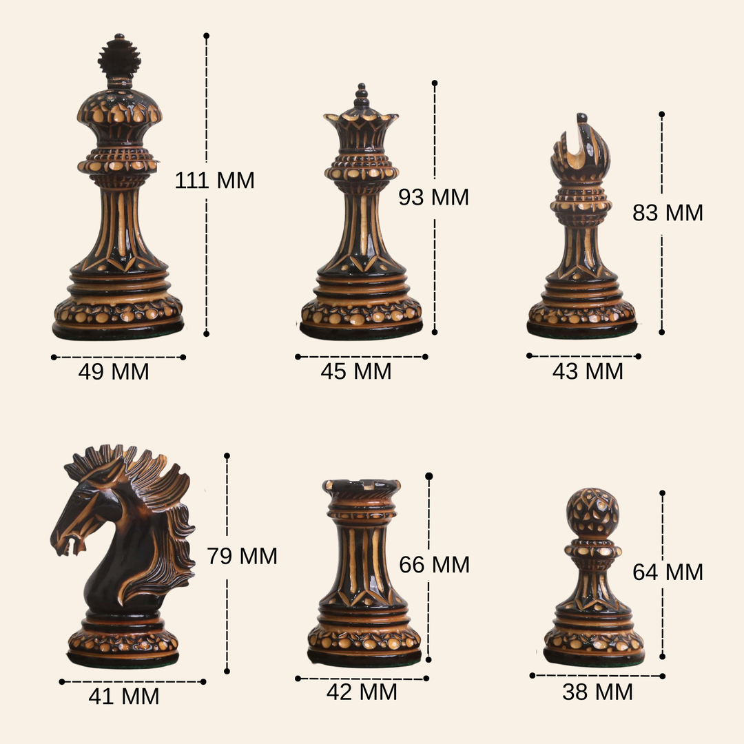 Alessandria Set di scacchi di lusso Staunton Burnt Carving - Solo pezzi di scacchi - Triplo peso - Legno di bosso laccato