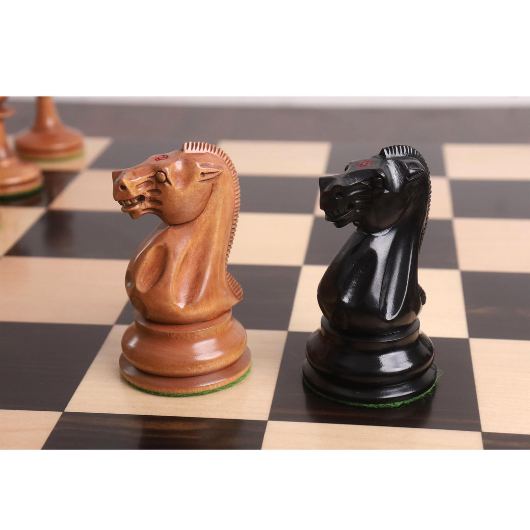 19th century B & Co Reproduced Luxury Chess Set- Chess Pieces Only- Ebony Wood & Antiqued Boxwood– 4.2″ King