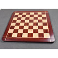 Full top-down perspective view of a 23 inch signature chessboard made from bud rosewood and maple wood.