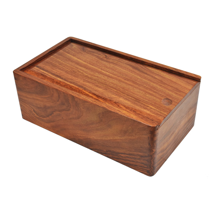 Golden rosewood sliding storage box designed for housing luxury wooden chess pieces.