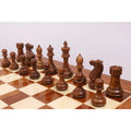 A full rank of Golden Rosewood Pro Staunton weighted chess pieces highlighting the wood grain and craftsmanship.