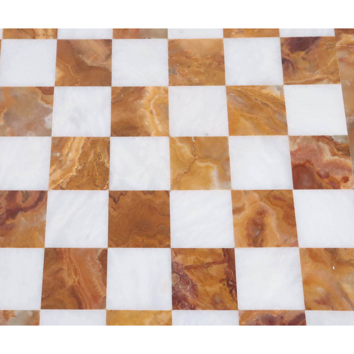 Close-up of the polished brown onyx and white marble stone squares on a 15-inch handcrafted board.