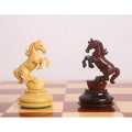Detailed side view of the intricately hand-carved rearing Knights from the Incitatus luxury Staunton chess set.