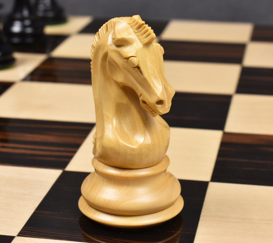 Detailed profile view of the carved natural boxwood knight from the 3.9" Craftsman Staunton chess set.
