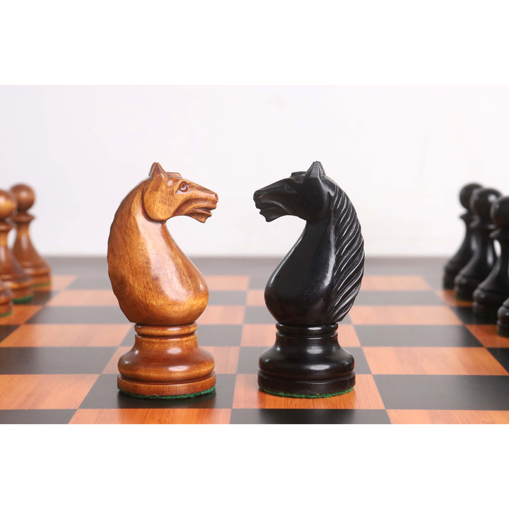 Jeu de pièces d'échecs soviétique Botvinnik Flohr-II légèrement imparfait de 1935 - Buis vieillis et buis ébénisterie - 4.4" Roi