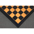 Angled overhead view of the 21 inch wooden printed chess board highlighting the wood grain texture and matt finish.