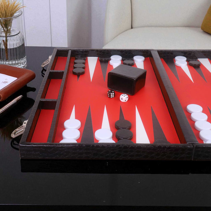 Juego de backgammon de cuero sintético negro de 18 pulgadas: juego de mesa de viaje tipo maletín con superficie de juego roja y blanca.