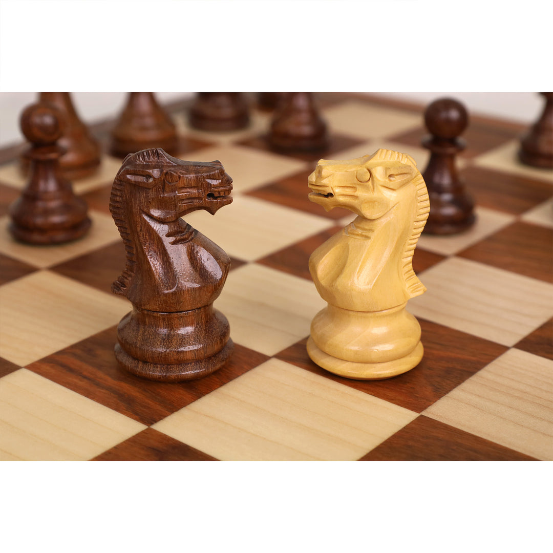 Hand-carved wooden knight chess pieces crafted from golden rosewood and boxwood.