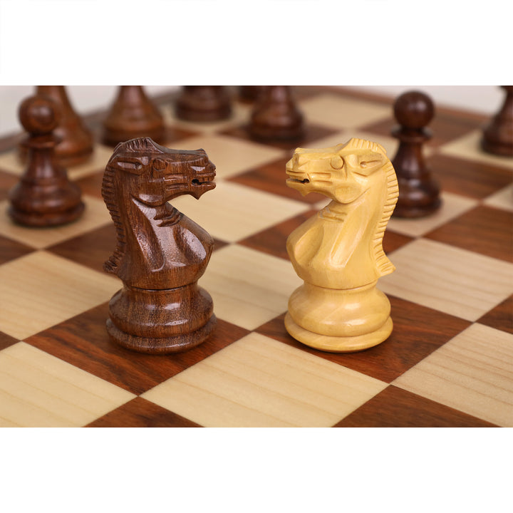 Hand-carved wooden knight chess pieces crafted from golden rosewood and boxwood.