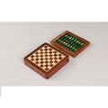 Open golden rosewood travel chess set showing interior piece storage.