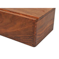 Detailed view of dovetail joinery on the golden rosewood chess storage box.