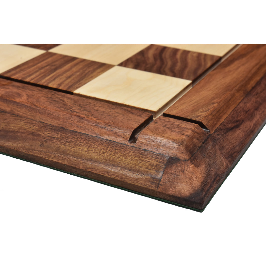 Side profile of a solid wood chess board highlighting the thickness and quality of the golden rosewood.