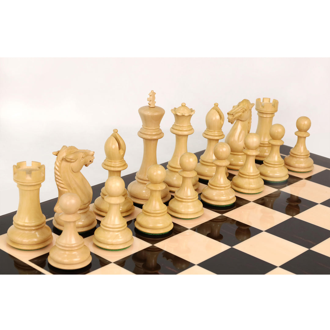 Front-facing view of golden rosewood chess pieces lined up on the board.