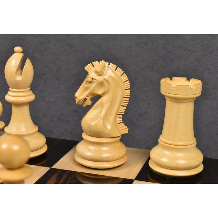 Detailed view of boxwood bishop, knight, and rook chess pieces.