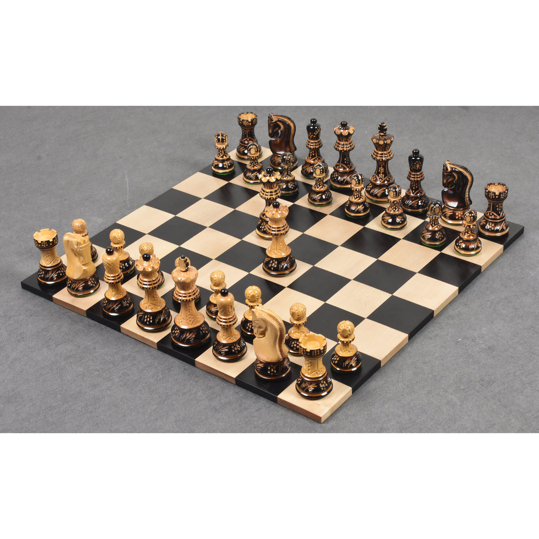 Slightly Imperfect 3.75" Artisan Carving Burnt Zagreb Chess Pieces with Storage Box - Warehouse Clearance - USA Shipping Only