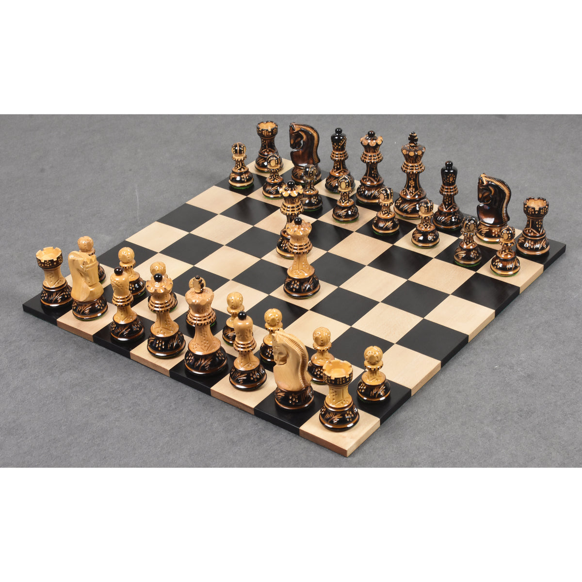 Slightly Imperfect 3.75" Artisan Carving Burnt Zagreb Chess Pieces with Storage Box - Warehouse Clearance - USA Shipping Only