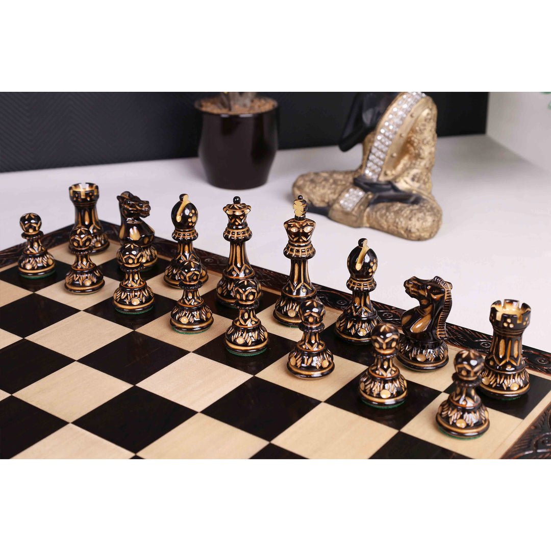 16" Laurel Series Burnt Carving Lacquered Staunton Chess Set – Magnetic Ebony & Maple Wooden Folding Board