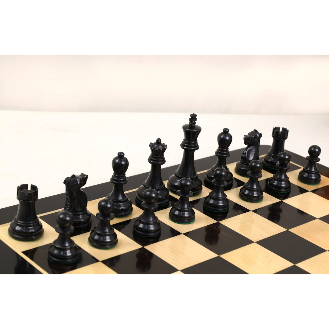 Combo of 1972 Championship Fischer Spassky Chess Set - Lacquered Distress Antiqued Boxwood & Ebony With Board and Box