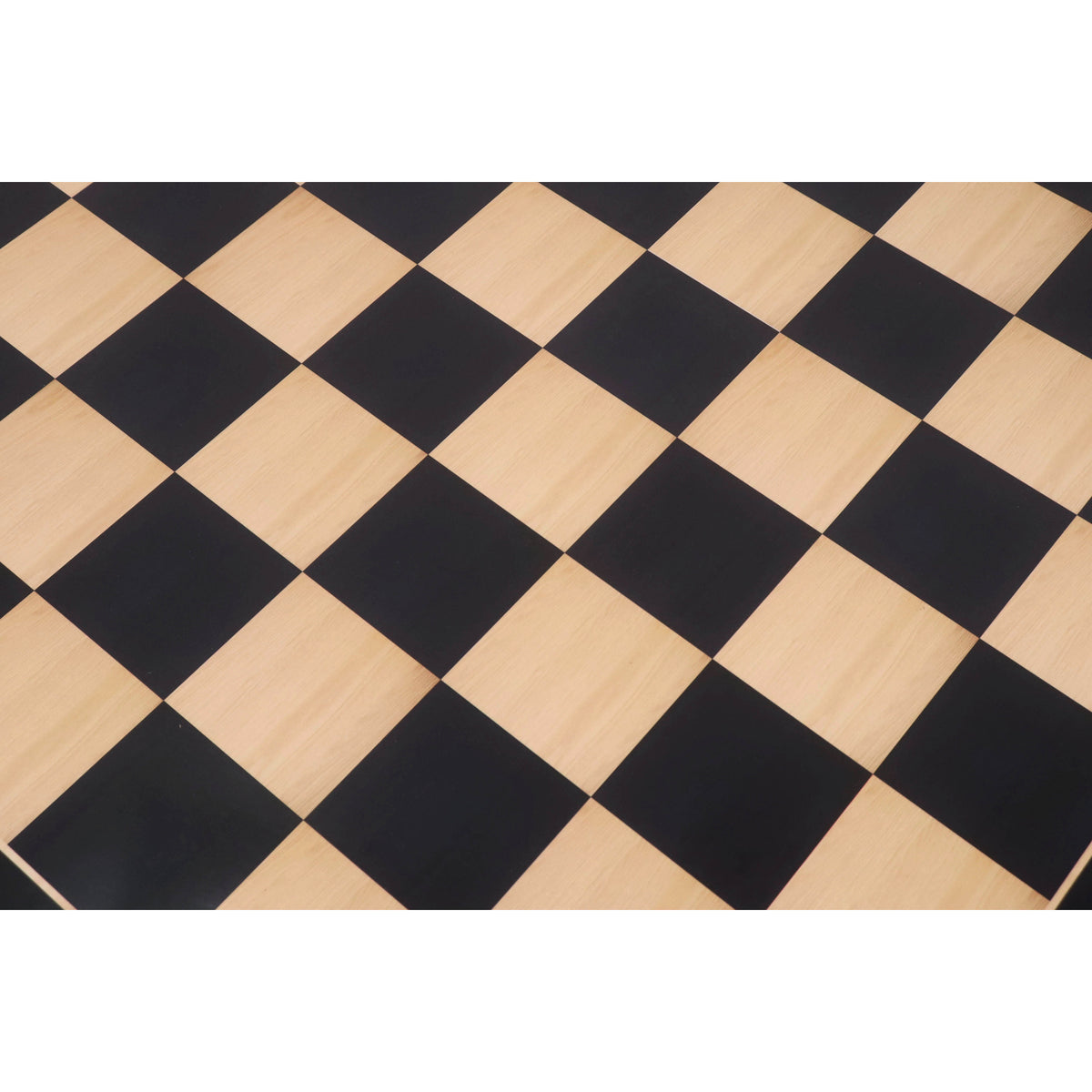 Overhead view of 70mm ebony and maple wood grain printed squares on a professional chess board.