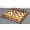 Full set of 1972 World Chess Championship commemorative pieces arranged on a professional wooden chess board.