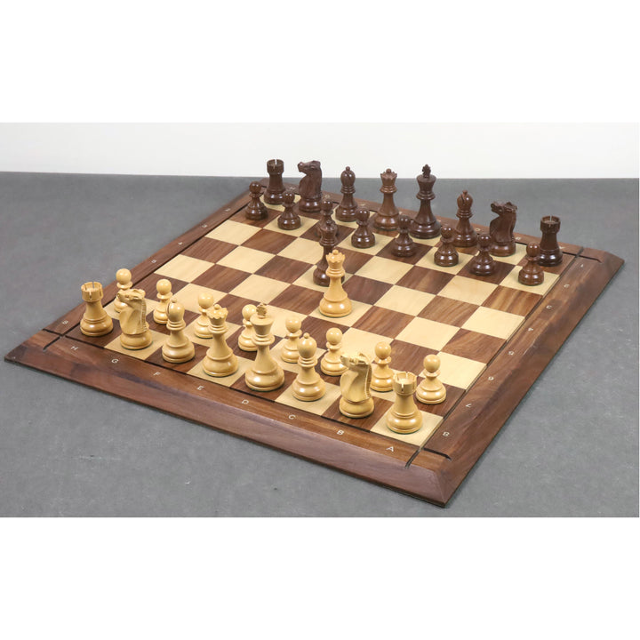 Full set of 1972 World Chess Championship commemorative pieces arranged on a professional wooden chess board.