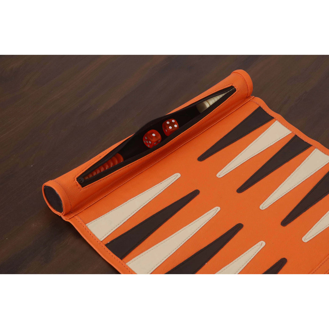Handcrafted Roll-Up Leatherette Backgammon Set – Portable Travel Board Game in Orange Finish
