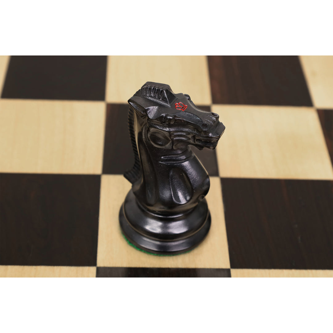 Close-up of hand-carved ebony wood 1849 Jacques Cook Staunton knight chess piece