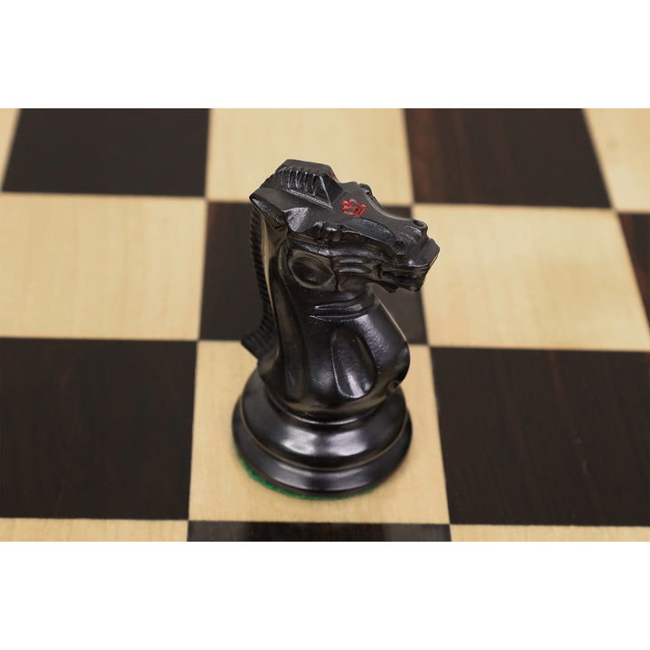 Close-up of hand-carved ebony wood 1849 Jacques Cook Staunton knight chess piece