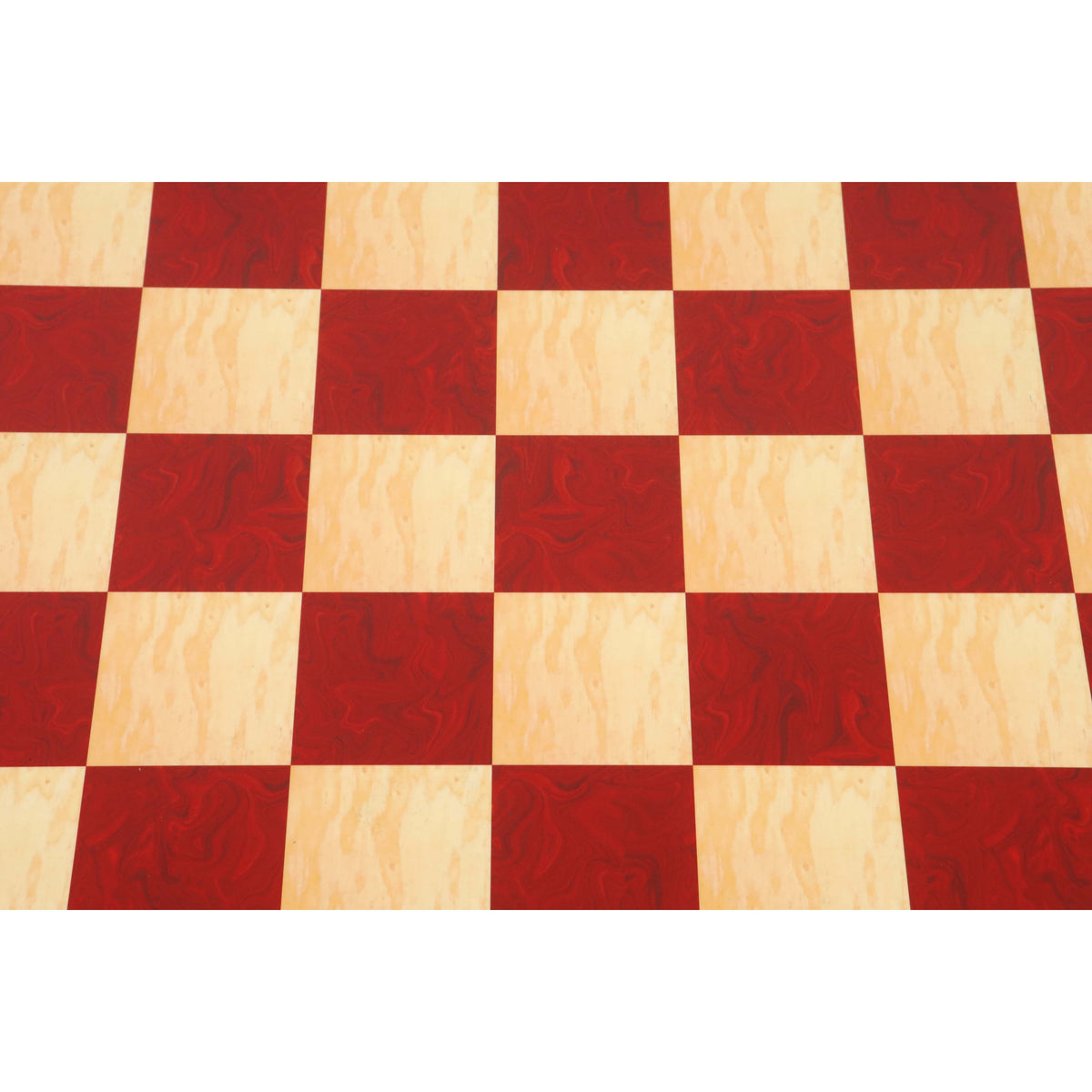 Detailed texture shot of the Red Ash Burl and Boxwood printed patterns on a professional 55mm square board.