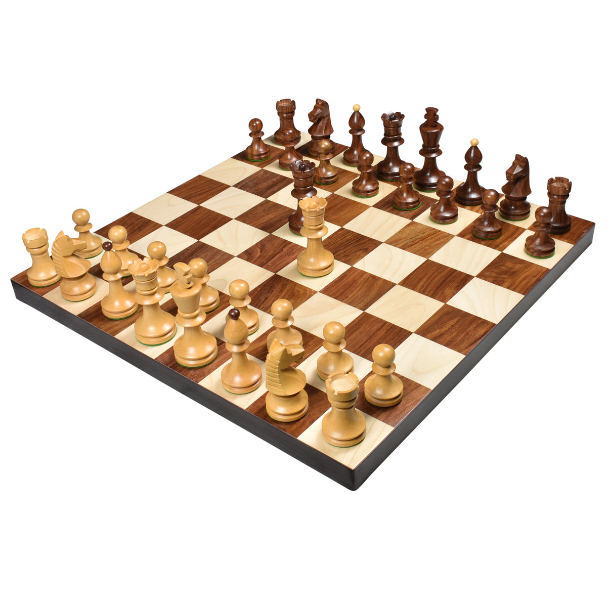 Full setup of the 3.8 inch Romanian Hungarian chess pieces on a wooden chess board, angled perspective.