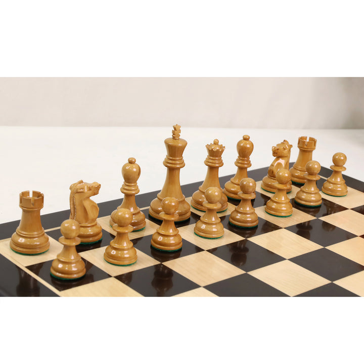 Combo of 1972 Championship Fischer Spassky Chess Set - Lacquered Distress Antiqued Boxwood & Ebony With Board and Box