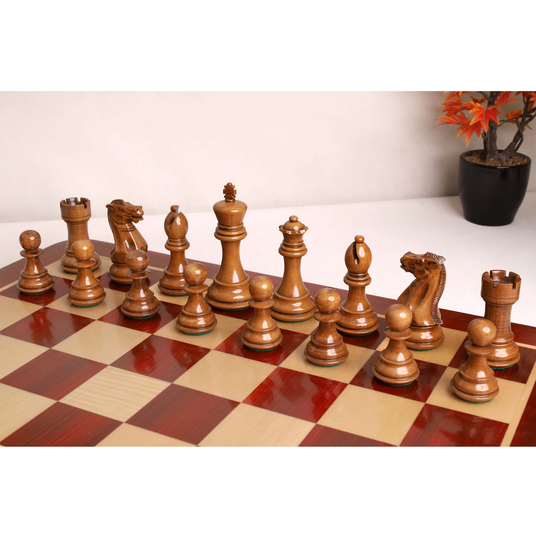 4.1" Pro Staunton Weighted Wooden Chess Set- Chess Pieces Only - Lacquered Distress Antiqued Boxwood & Mahogany Stained Boxwood