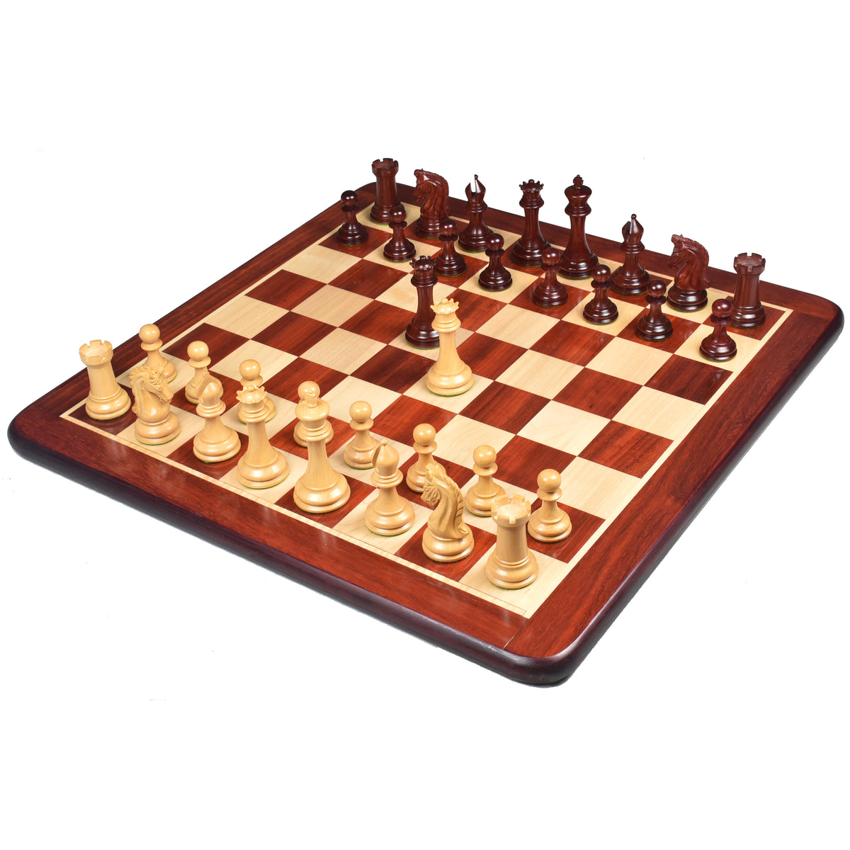 Repro 2016 Sinquefield chess set fully arranged on a 21-inch wooden board.