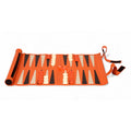 Full setup of the portable orange leatherette backgammon set for play.