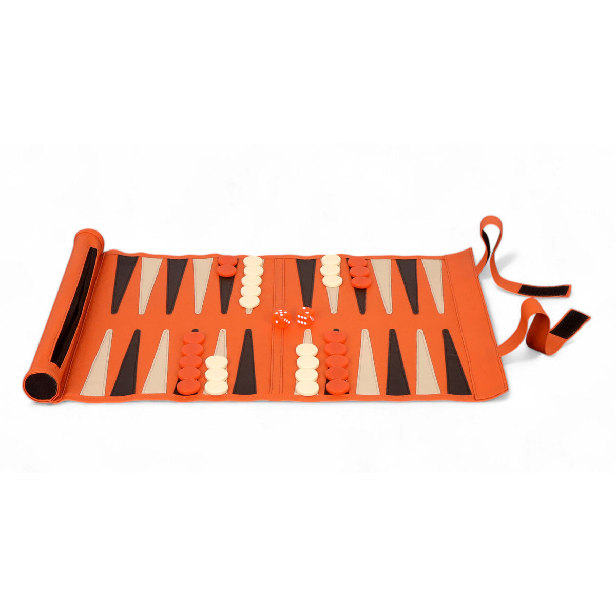 Full setup of the portable orange leatherette backgammon set for play.