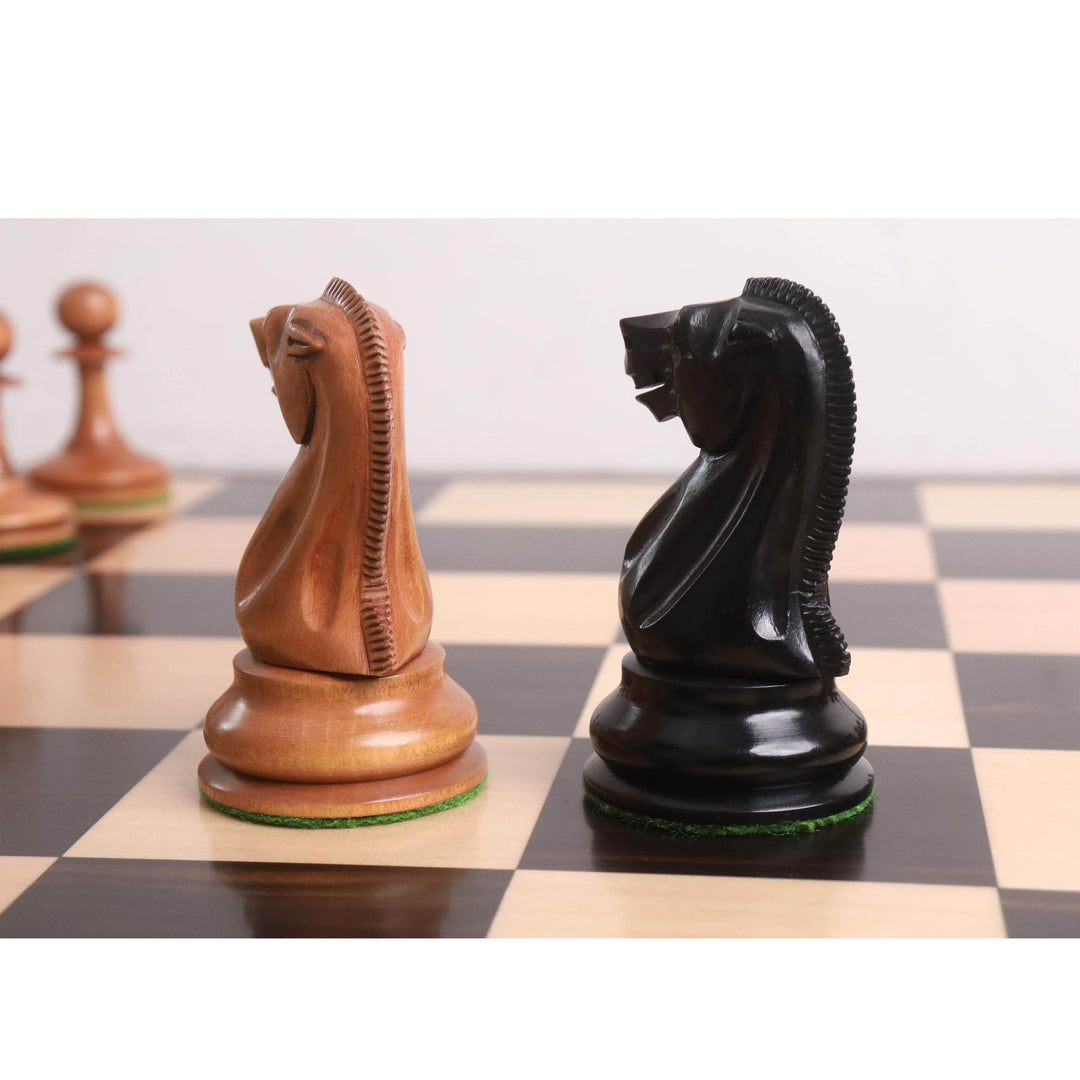 19th century B & Co Reproduced Luxury Chess Set- Chess Pieces Only- Ebony Wood & Antiqued Boxwood– 4.2″ King