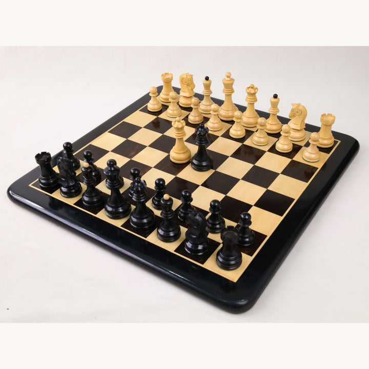 Full 1970s Dubrovnik chess set arranged on a luxury ebony and maple chess board.