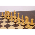 Starting formation of the light Boxwood chess pieces from the 3.9" Heritage Series Staunton set on a glossy wooden chessboard.